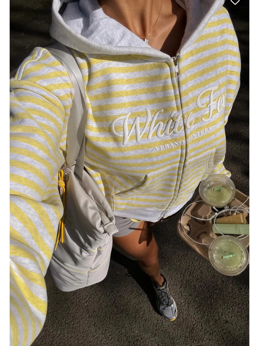 NWT White Fox Verano Sixteen Maria Boxy Zip Front Hoodie Grey Marle/Lemon Stripe - Picture 2 of 8